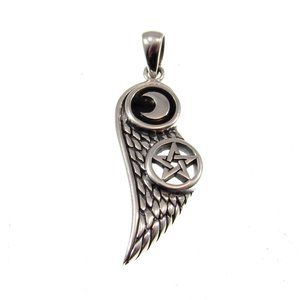 Solid 925 Sterling Silver Angel Wing with Crescent Moon & Pentacle Star Pendant